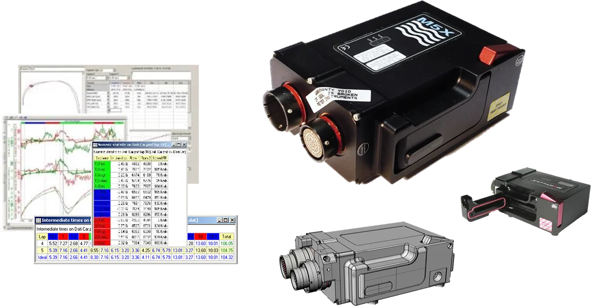 M5X data logger, its 3D model and the data analysis software with lap times